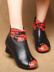 Retro Genuine Leather Flower Spliced Chunky Heel Boots