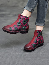 Retro Flower Leather Spliced Zipper Low Heel Boots