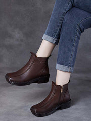 Autumn Genuine Leather Spliced Mid-Heel Boots