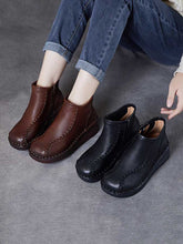 Retro Soft Leather Spliced Fleece-lined Mid-Heel Boots