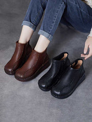 Retro Soft Leather Spliced Fleece-lined Mid-Heel Boots
