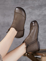 Solid Genuine Leather Winter Zipper Low Heel Boots
