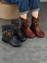 Vintage Flower Embroidery Leather Low Heel Boots