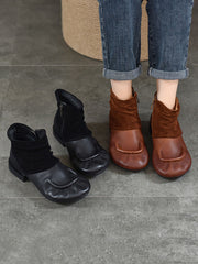 Vintage Suded Leather Spliced Low Heel Boots