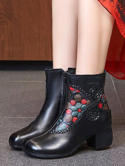 Ethnic Winter Flower Spliced Leather Mid-Heel Boots