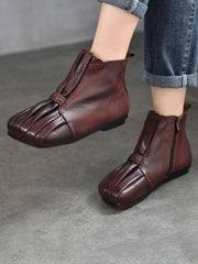 Soft Leather Shirred Square Toe Ankle Boots