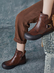 Winter Vintage Leather Spliced Zipper Flat Boots