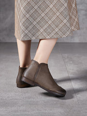 Solid Genuine Leather Winter Zipper Low Heel Boots