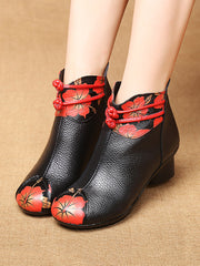 Retro Genuine Leather Flower Spliced Chunky Heel Boots