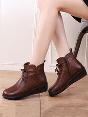 Vintage Genuine Leather Strap Zipper Low Heel Boots