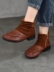 Vintage Suded Leather Spliced Low Heel Boots