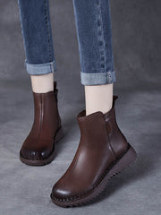Retro Genuine Leather Zippper Mid-Heel Boots