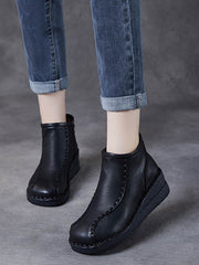 Retro Soft Leather Spliced Fleece-lined Mid-Heel Boots