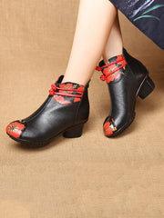 Retro Genuine Leather Flower Spliced Chunky Heel Boots