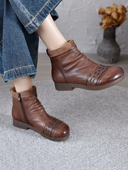 Vintage Leather Spliced Low Heel Ankle Boots