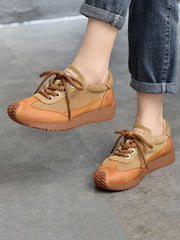 Casual Leather Colorblock Strap Mid Heel Sport Shoes