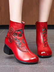 Ethnic Winter Flower Spliced Leather Mid-Heel Boots