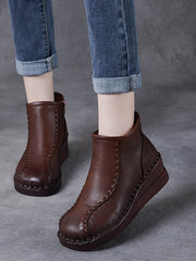 Retro Soft Leather Spliced Fleece-lined Mid-Heel Boots