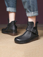 Retro Leather Spliced Mid Heel Ankle Boots