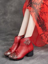 Ethnic Autumn Flower Spliced Leather Mid-Heel Boots