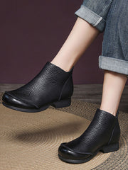 Elegant Solid Leather Spliced Low Heel Boots