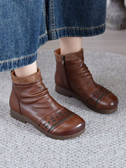 Vintage Leather Spliced Low Heel Ankle Boots