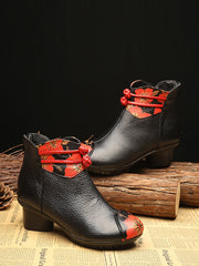 Retro Genuine Leather Flower Spliced Chunky Heel Boots