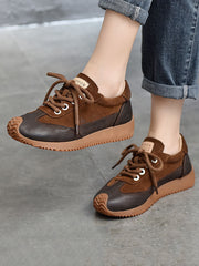 Casual Leather Colorblock Strap Mid Heel Sport Shoes