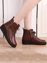 Vintage Genuine Leather Strap Zipper Low Heel Boots