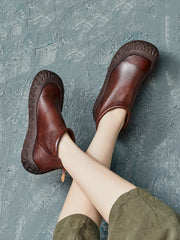 Autumn Casual Pure Color Leather Zipper Flat Boots