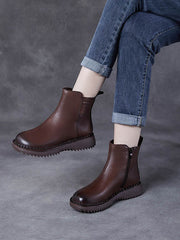 Retro Genuine Leather Zippper Mid-Heel Boots