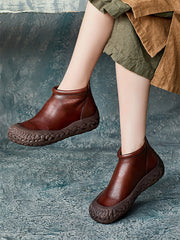 Autumn Casual Pure Color Leather Zipper Flat Boots