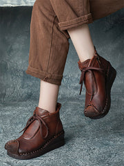 Vintage Genuine Leather Spliced Strap Mid-Heel Boots