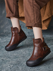 Winter Vintage Leather Spliced Zipper Flat Boots