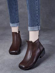 Autumn Genuine Leather Spliced Mid-Heel Boots