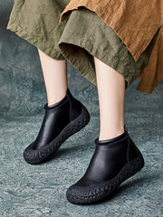 Autumn Casual Pure Color Leather Zipper Flat Boots