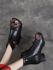 Ethnic Autumn Flower Spliced Leather Mid-Heel Boots
