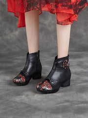 Ethnic Autumn Flower Spliced Leather Mid-Heel Boots