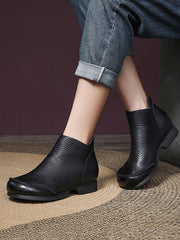 Elegant Solid Leather Spliced Low Heel Boots
