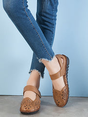 Leather Cutout Solid Low-Heel Sandals