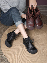 Retro Genuine Leather Spliced Strap Flat Boots