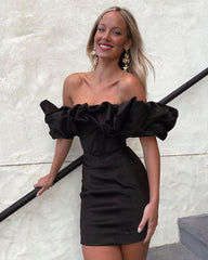 Zari Satin Ruffles Off Shoulder Mini Dress - Black
