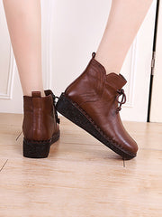 Vintage Genuine Leather Strap Zipper Low Heel Boots