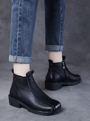 Autumn Genuine Leather Spliced Mid-Heel Boots