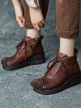 Vintage Genuine Leather Spliced Strap Mid-Heel Boots