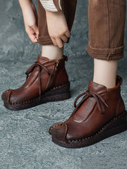 Vintage Genuine Leather Spliced Strap Mid-Heel Boots