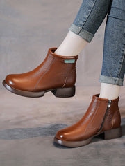 Vintage Commute Leather Zipper Mid-Heel Boots