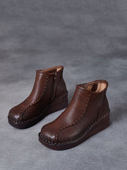 Retro Soft Leather Spliced Fleece-lined Mid-Heel Boots