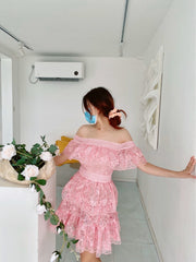 Floral Embroidered Off Shoulder Tiered Mini Dress - Blush Pink