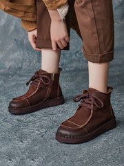 Winter Retro Leather Spliced Flat Boots